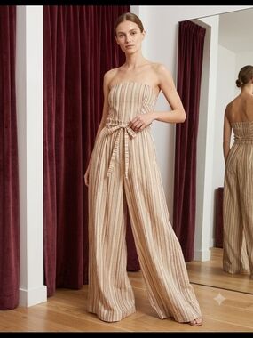 Free People Strapless Wide-Leg Jumpsuit in Neutral Stripes 100 Cotton Size M